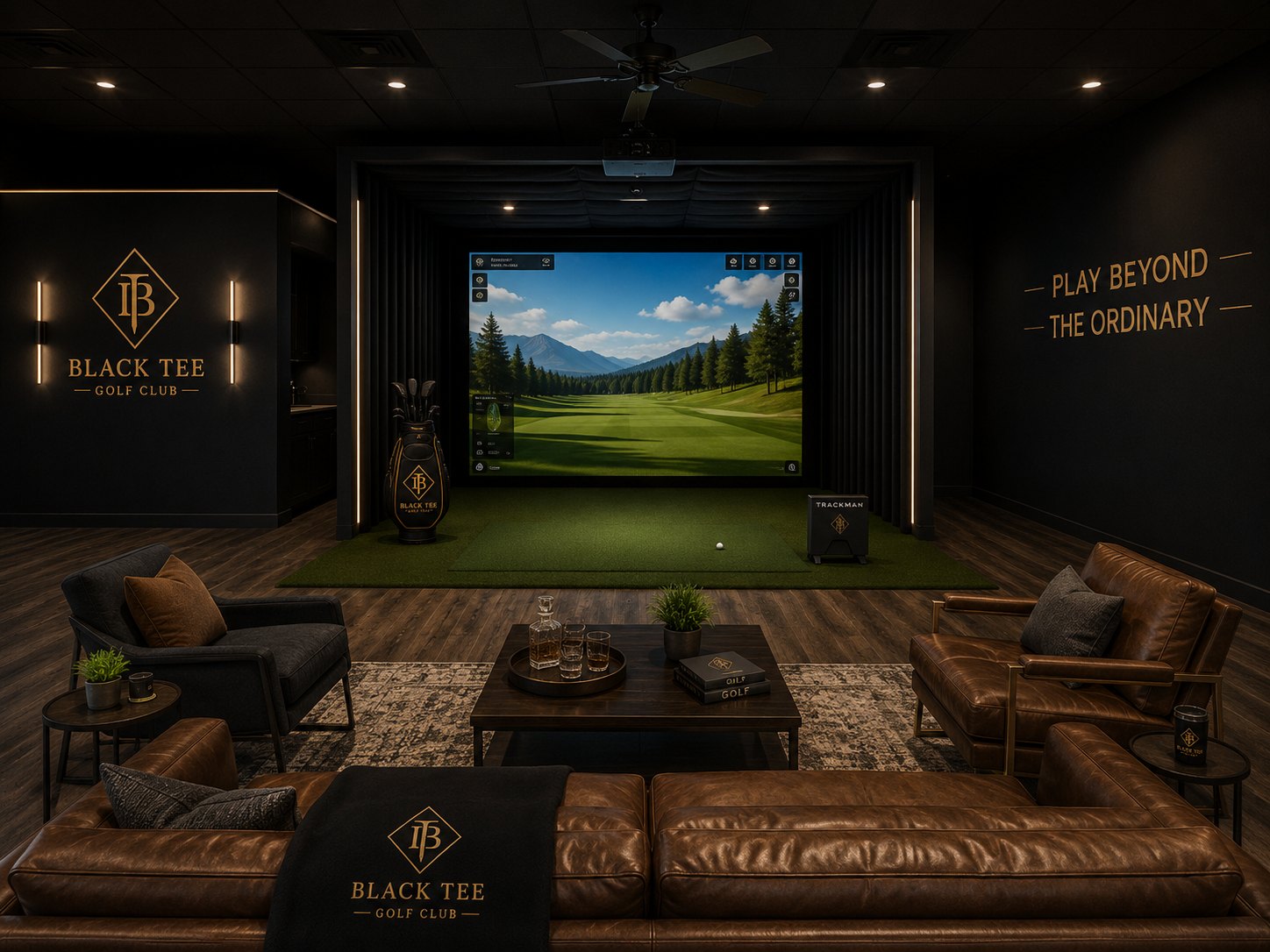 Black Tee Golf Club bay with Play Beyond The Ordinary lettering on the wall, leather sofa and branded throw in the foreground