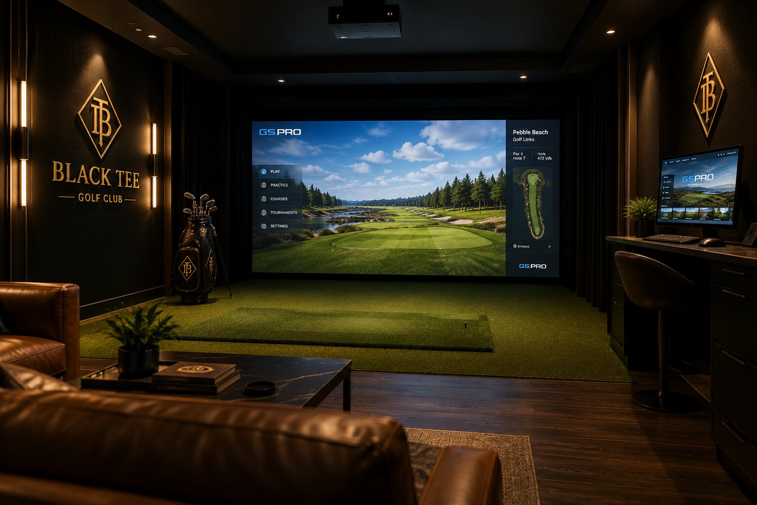 GSPro course menu on the Black Tee simulator screen previewing Pebble Beach