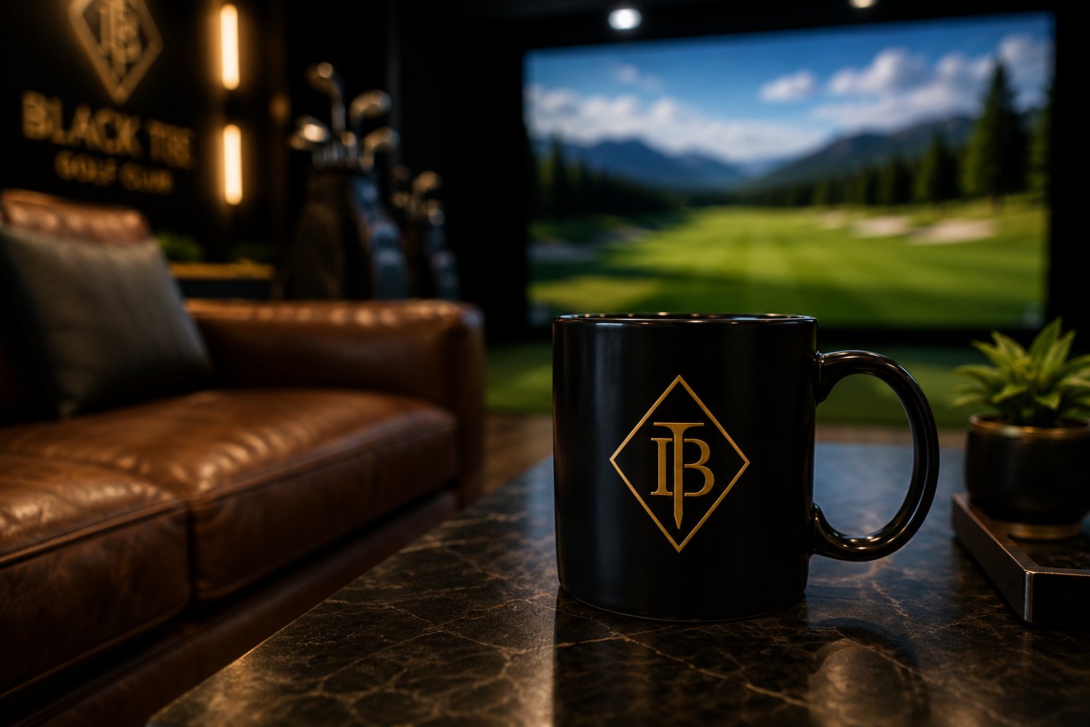 Close-up of a black Black Tee mug with the gold diamond logo resting on marble inside the club