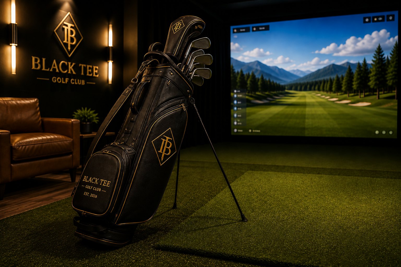 Branded Black Tee stand bag and clubs in front of a simulator bay showing a fairway